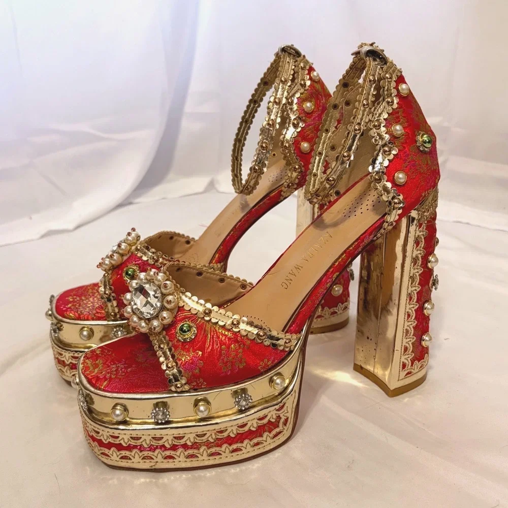 Azalea Wang Red and gold Brocade Platform Heels with Embellished Beads & Crystal